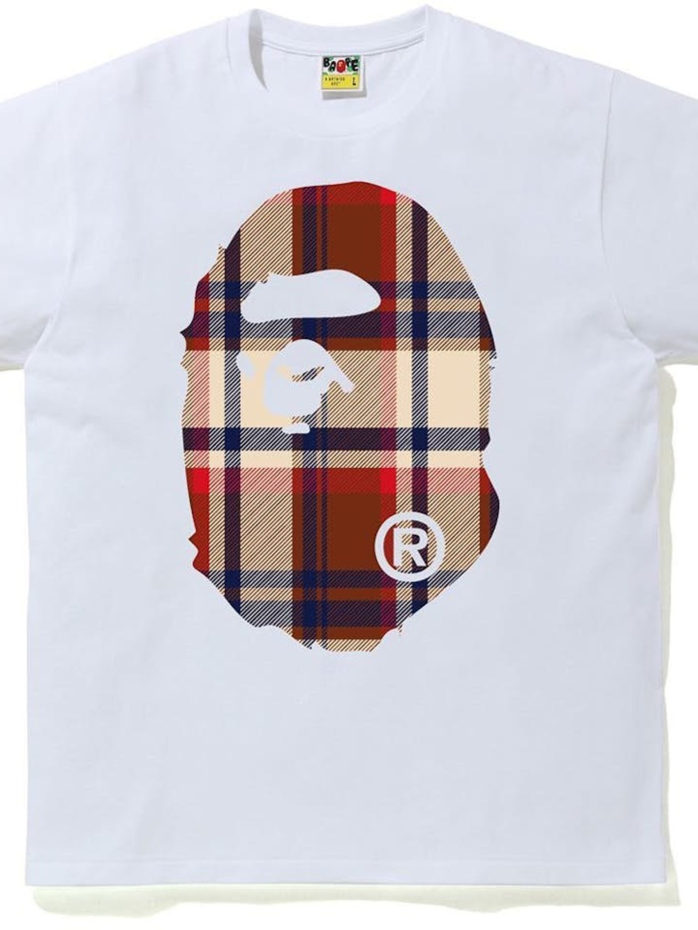Bape White Tee with Red Navy Brown Plaid Ape Logo